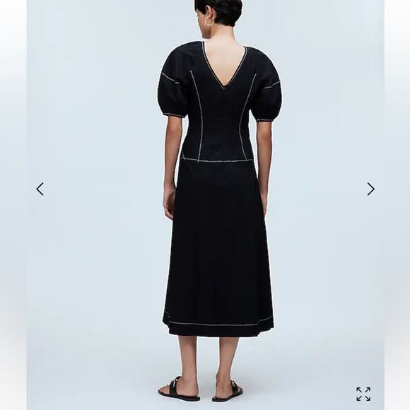 NWT Madewell Puff-Sleeve Drop-Waist Midi Dress Lightweight Cotton Black Size 0 - Picture 3 of 15